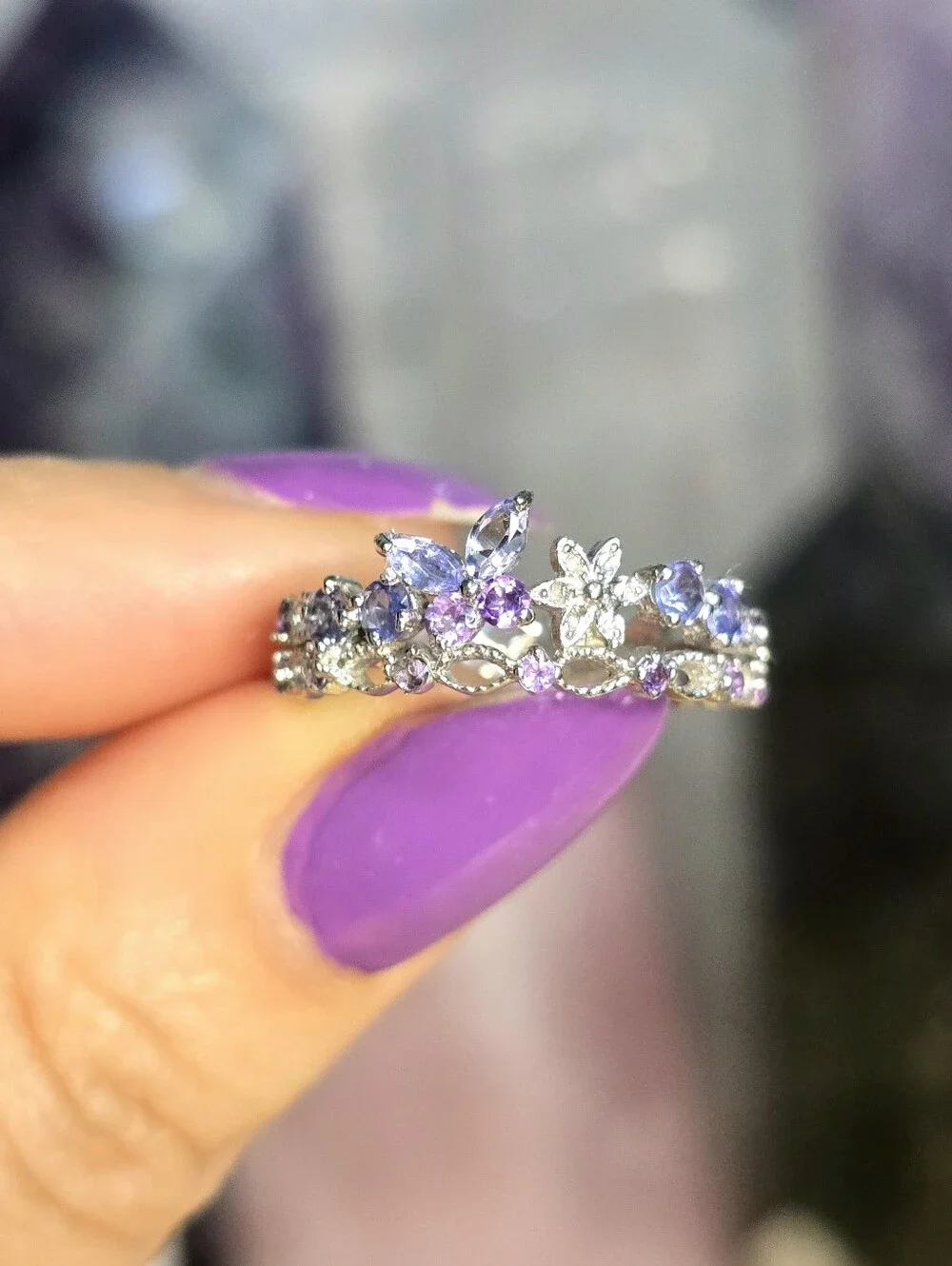 Butterfly Floral Tanzanite & Amethyst Faceted Gemstone Ring Size 7